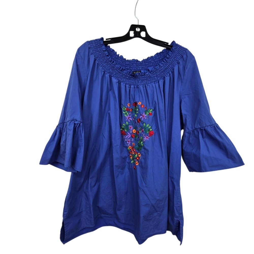 Vintage 90s Y2K Avon Embroidered Tunic Top Womens 18W 20W Blue Boho Peasant